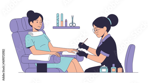 Professional manicurist meticulously applying nail polish to a client s fingernails in a comfortable salon chair with tools and products displayed
