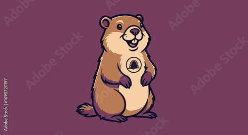 Cute cartoon groundhog standing upright with a happy expression and emblem on chest.
