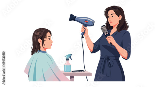 Professional hairstylist drying a young woman s hair with a hairdryer and comb in a salon setting with a spray bottle on a table