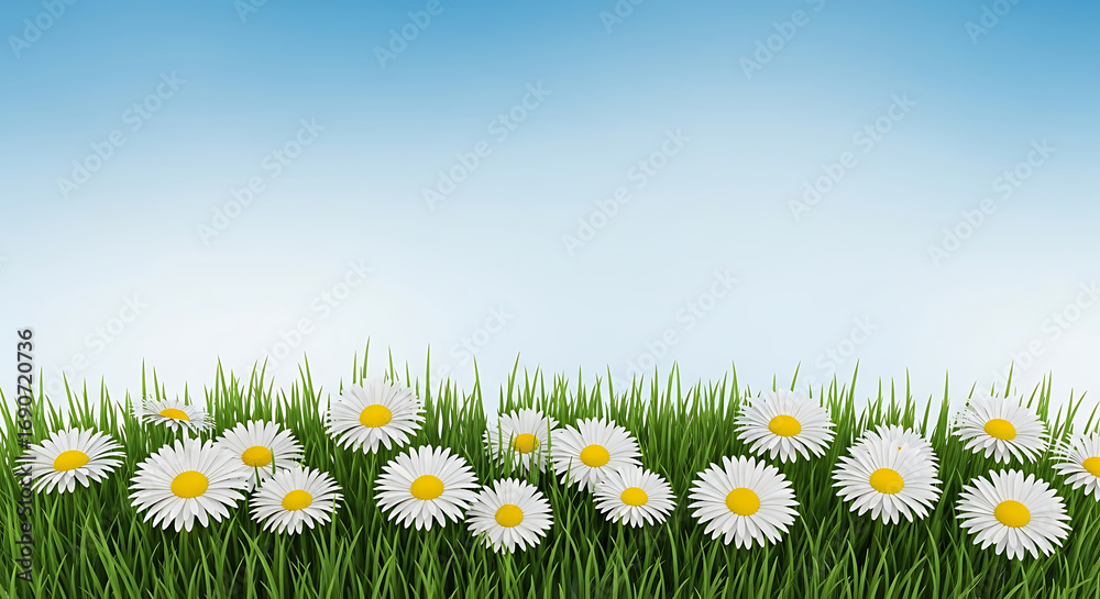 Fototapeta premium Field of white daisies blooming in green grass against a blue sky