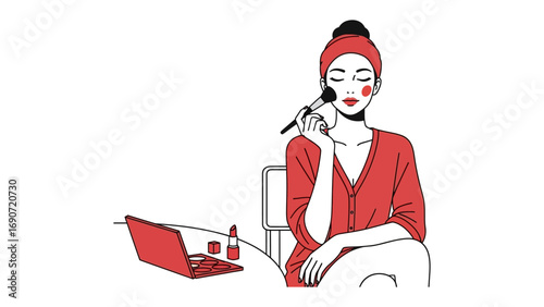 Stylish woman with her hair wrapped in a red turban applying makeup with a brush while looking at her laptop screen