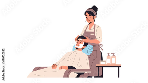 Skilled female barber meticulously shaving a male client s beard with a straight razor in a modern salon