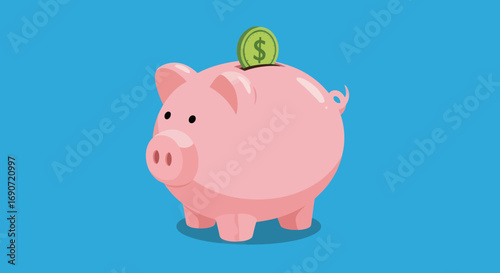 Pink piggy bank with a gold dollar coin being inserted.