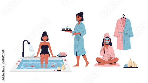 Relaxing spa day with a woman in a bathtub another receiving a facial treatment and spa robes hanging promoting wellness and self care