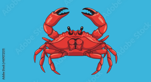 Illustration of a bright red crab with raised claws and multiple legs.
