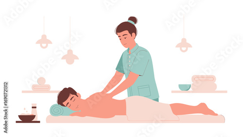 Relaxed man receiving a therapeutic deep tissue massage from a skilled professional in a tranquil spa setting