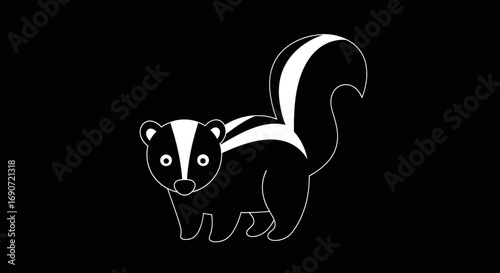 Cute Skunk Illustration with White Stripes on a Black Background.