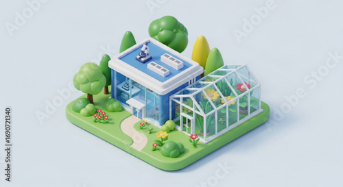 Science research laboratory with greenhouse 3d render for scientific innovation and botanical study view