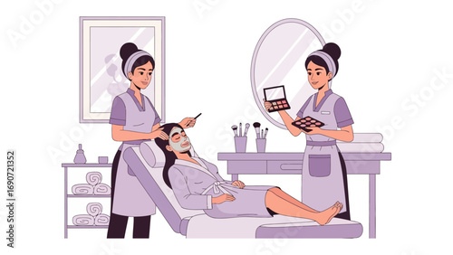 Two professional makeup artists applying cosmetics to a client in a beauty salon with mirrors and makeup tools