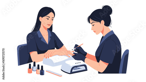 Professional manicurist carefully applying nail polish to a client s fingernails at a salon table with uv lamp and polish bottles