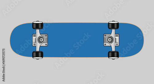 A simple blue skateboard viewed from above with silver trucks and black wheels ready for action.