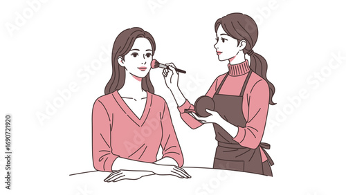 Professional makeup artist applying cosmetic blush to a young woman s cheek with a brush in a beauty salon setting