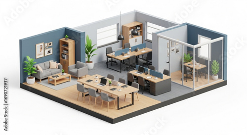Isometric office space design for coworking and collaboration with modern furniture and interior design layout