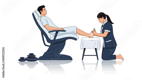 Professional pedicure service for a male client relaxing in a comfortable spa chair receiving foot care treatment