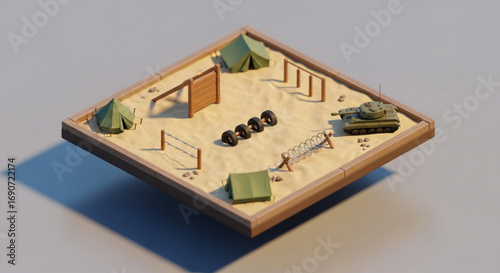 Explore military training base with tank, tents, tires, and obstacles for army simulation and defense training