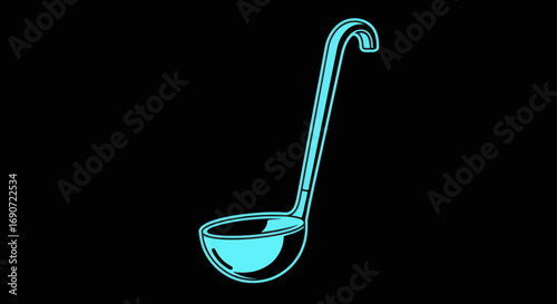 A teal ladle with a long handle.