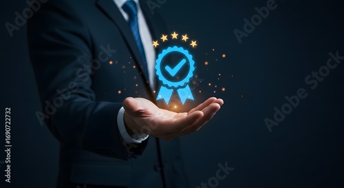 Business Professional Holding Quality Award with Stars