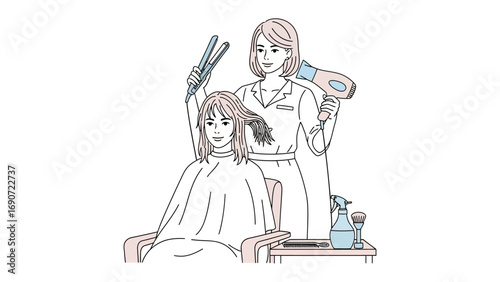 Stylized illustration of a woman sitting in a salon chair while a hairdresser with a fan styles her hair with elegance and grace