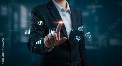 Business Professional Interacting with Futuristic Digital Interface Showing KPI, AI, and ESG Concepts