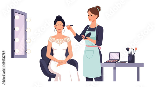 Professional makeup artist applying makeup to a beautiful bride in a white wedding dress in a studio setting