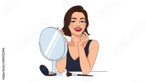 Young woman with dark hair applying makeup in a mirror with a makeup brush and powder compact nearby for beauty and personal grooming