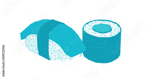 Stylized Blue Sushi and Maki Roll Illustration.