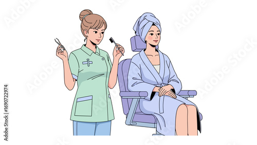 Stylist applying makeup to a client sitting in a chair wearing a bathrobe and towel after a spa treatment