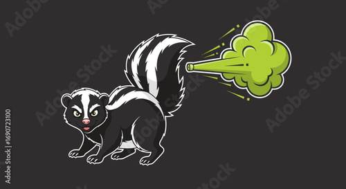Cartoon Skunk Spraying Green Odor Cloud.