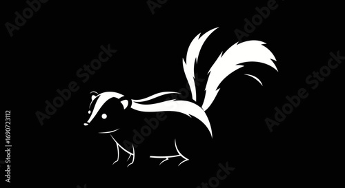Stylized white skunk silhouette illustration on black background.