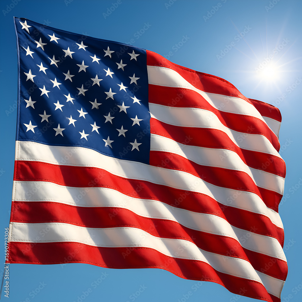 Fototapeta premium Realistic USA flag waving in the wind with fabric folds and deep shadows.
