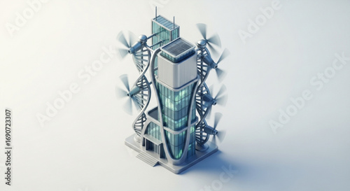 Futuristic flying building concept art with drone technology and sustainable energy for urban innovation design