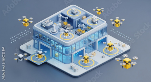 Drone delivery warehouse automation system for logistics and supply chain management illustration concept