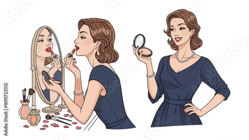 Elegant woman applying lipstick and checking her reflection in a vintage vanity mirror preparing for an evening out with a confident pose
