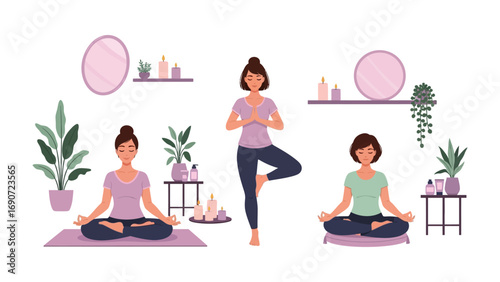 Three diverse women practicing yoga in a serene home environment with plants and decorative shelves creating a peaceful wellness sanctuary