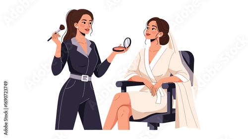 Professional makeup artist applying cosmetics to a woman sitting in a chair preparing for a special occasion