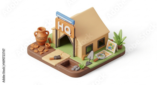 Archaeological dig site headquarters illustration with artifacts and tools for exploration and discovery