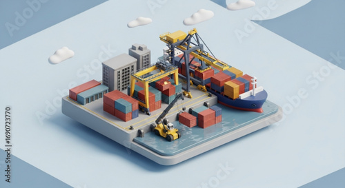 Isometric logistics and shipping container port with ship and cranes for global trade and supply chain concept