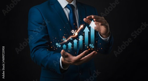 Businessman Hands Showcasing Upward Trend Graph with Percentages