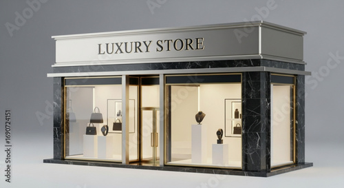 Luxury store front design with jewelry and handbag displays for high end retail shopping experience design