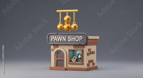 Pawn shop loan business concept with golden balls on top for collateral and quick cash services store front