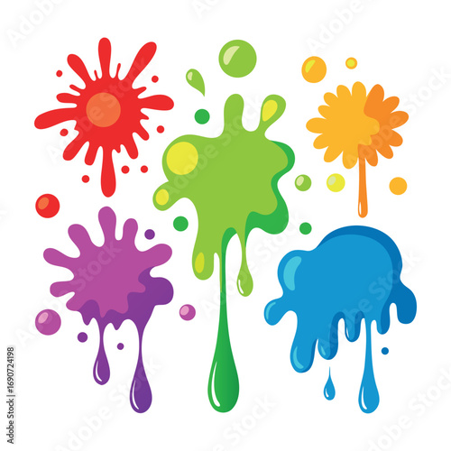 Color ink blots. Colorful paint splatters and drips in organic splashes. Bright, playful, bold abstract graffiti spots for kids art blobs, comics, pop art design. Vector isolated set