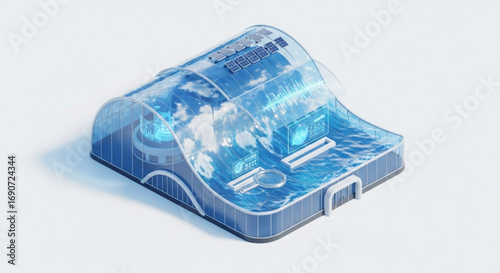 Futuristic sustainable building design with solar panels and water management technology concept render