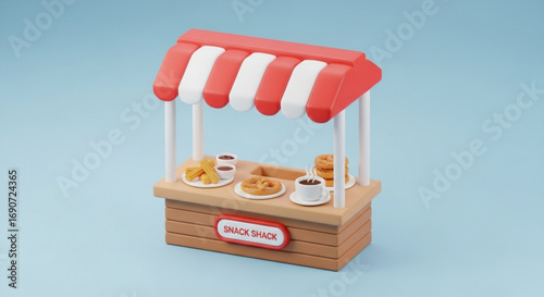 Snack shack market stall with food and drinks 3d render illustration for food market and cafe concept