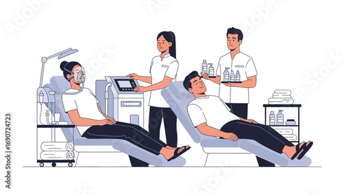 Two patients relax in dental chairs while dentists and assistants provide care and treatment in a modern dental clinic setting illustration