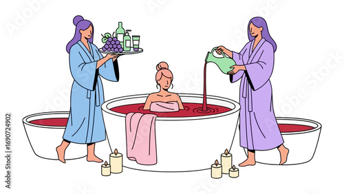 Serene spa experience with two attendants pouring luxurious red liquid into a large bathtub for a relaxing therapeutic soak