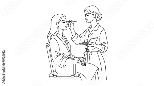 Black and white line drawing illustration of a makeup artist applying eye makeup to a seated woman in a salon setting