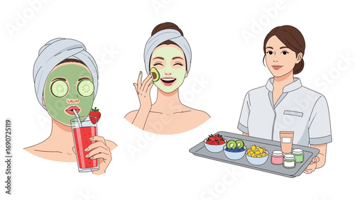 Three women enjoying a spa day with facial masks and refreshing drinks one holding a tray of beauty products and fruit