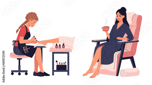 Professional nail technician meticulously applying polish to a client s toenails in a salon setting with a relaxing customer enjoying a beverage