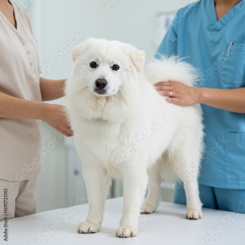Dog undergoes examination by veterinarians in a clinic