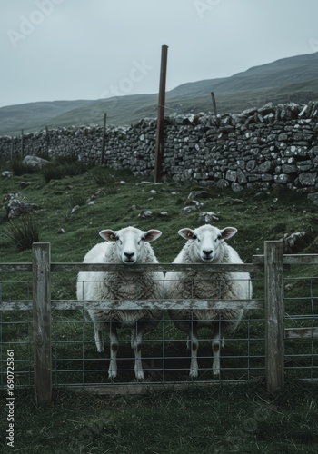 Sheep gaze curiously at fence in rural countryside